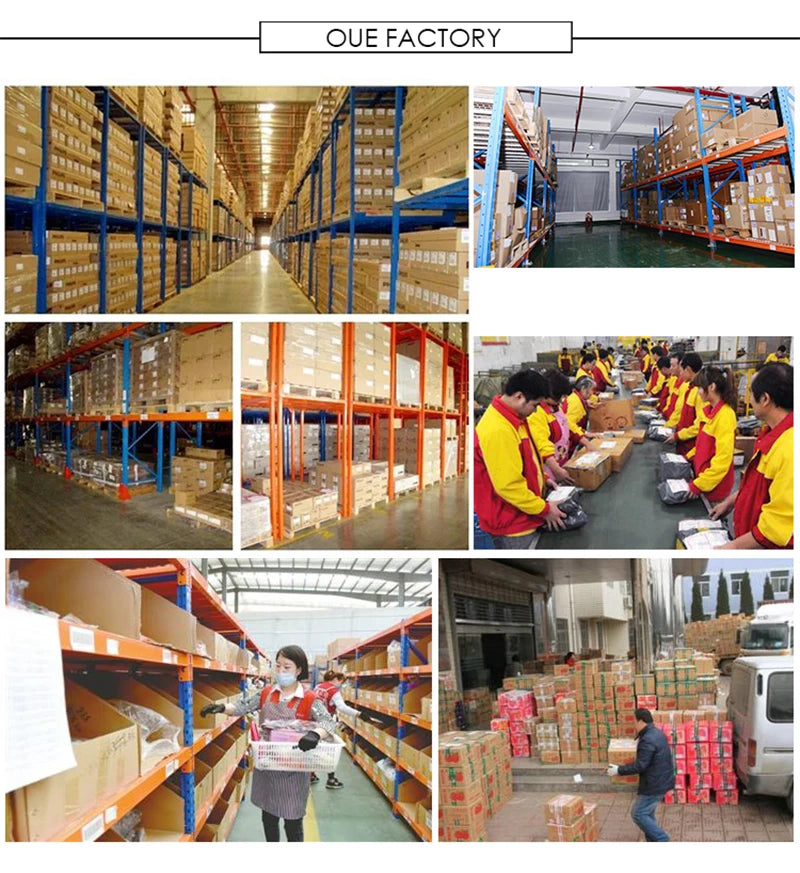 Collage of warehouse operations including shelves, workers, and packaging.