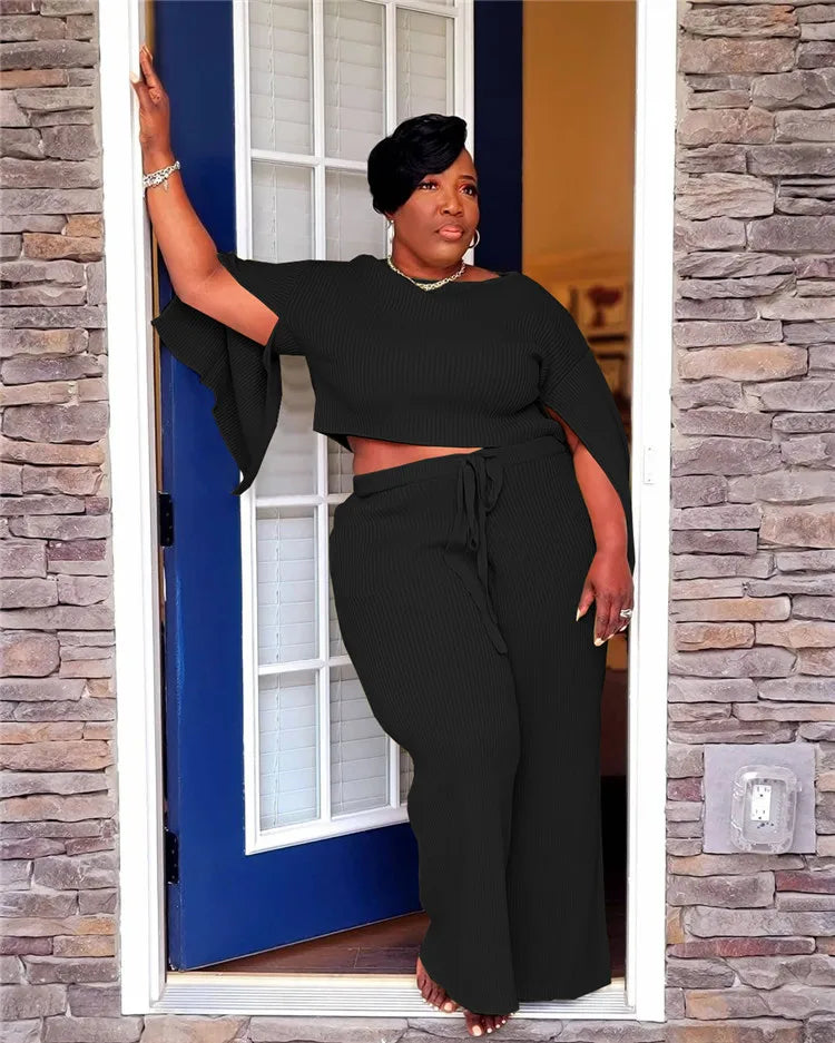 Crew Neck Knitted	 sweat suit set women plus size women clothing two piece set