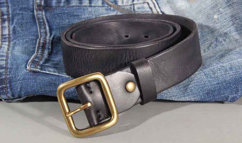 Mens Cowhide Leather Belt – Handmade Retro Copper Buckle Casual Luxury 38mm Wide