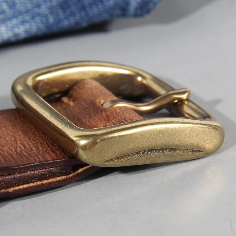 Mens Cowhide Leather Belt – Handmade Retro Copper Buckle Casual Luxury 38mm Wide
