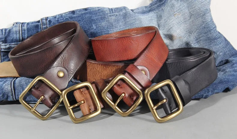 Mens Cowhide Leather Belt – Handmade Retro Copper Buckle Casual Luxury 38mm Wide