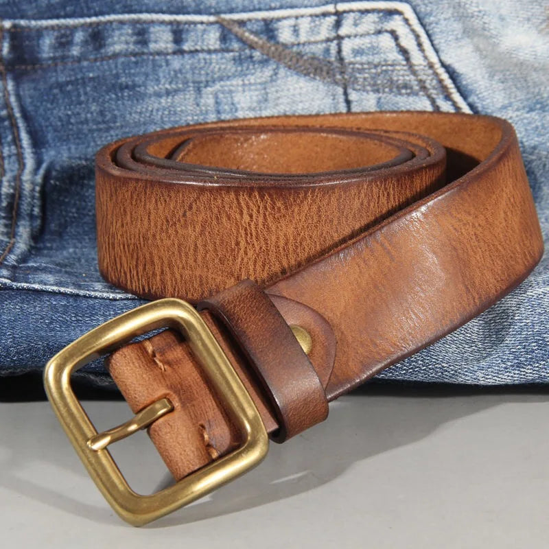 Mens Cowhide Leather Belt – Handmade Retro Copper Buckle Casual Luxury 38mm Wide