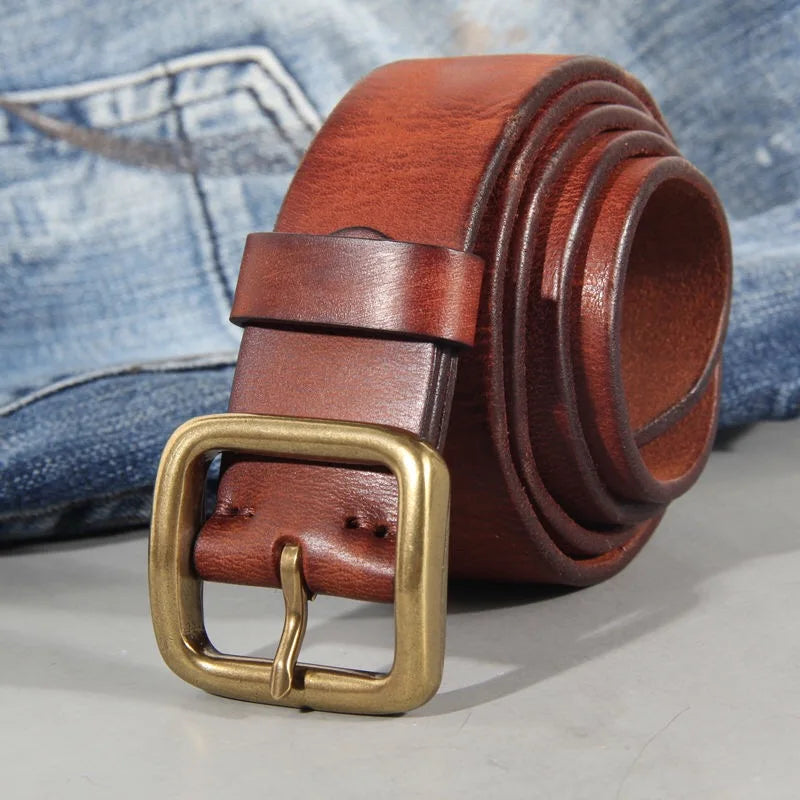 Mens Cowhide Leather Belt – Handmade Retro Copper Buckle Casual Luxury 38mm Wide