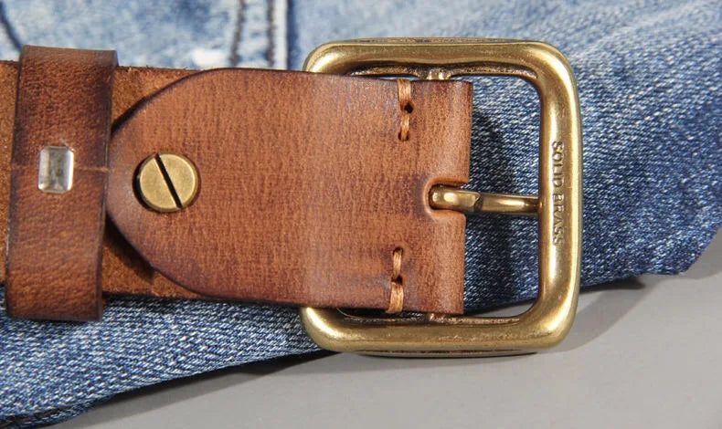 Mens Cowhide Leather Belt – Handmade Retro Copper Buckle Casual Luxury 38mm Wide