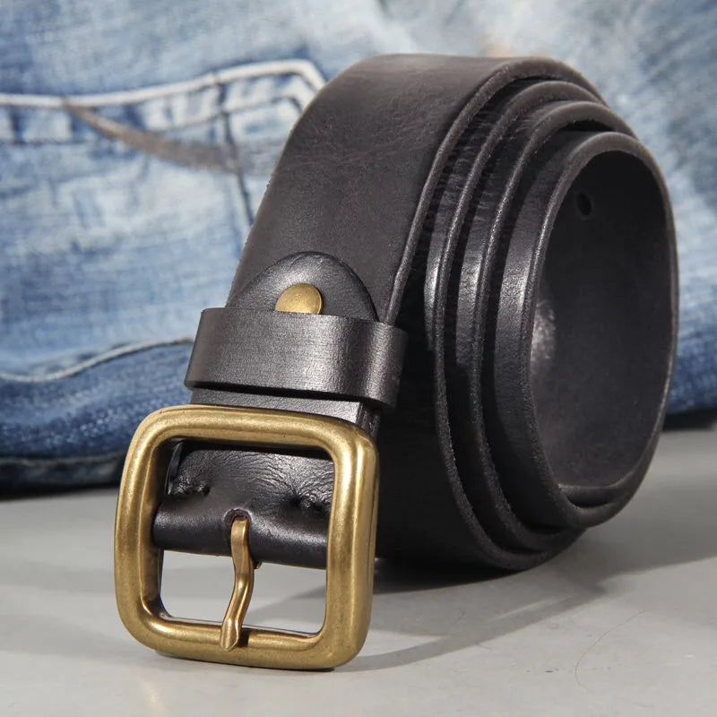 Mens Cowhide Leather Belt – Handmade Retro Copper Buckle Casual Luxury 38mm Wide
