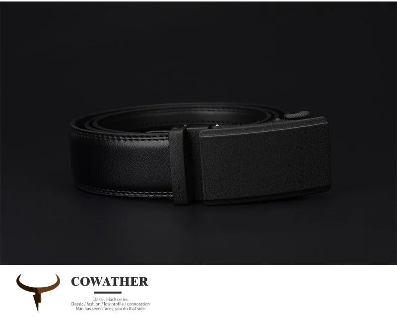 Mens Genuine Leather Ratchet Belt Automatic Buckle Black Adjustable Waist 30-42 - QHA UK