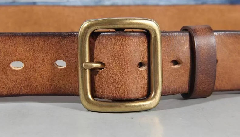 Mens Cowhide Leather Belt – Handmade Retro Copper Buckle Casual Luxury 38mm Wide