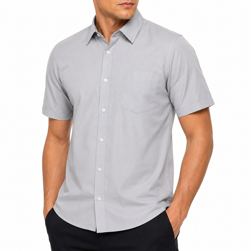 Man wearing a gray short-sleeve button-up shirt on a white background