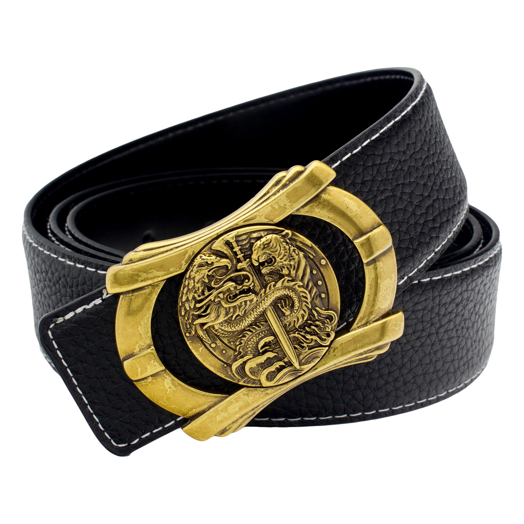 QHA Mens Designer Leather Belt Multi Dragon Themed Pin Buckle 38mm Wide Q76