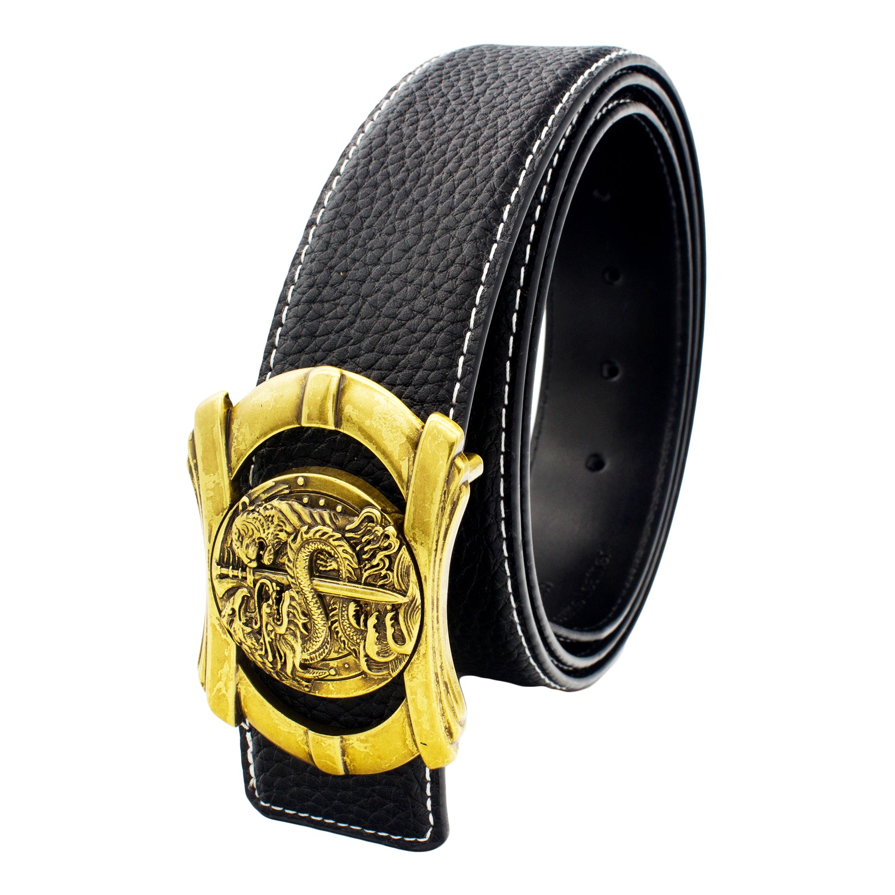 QHA Mens Designer Leather Belt Multi Dragon Themed Pin Buckle 38mm Wide Q76