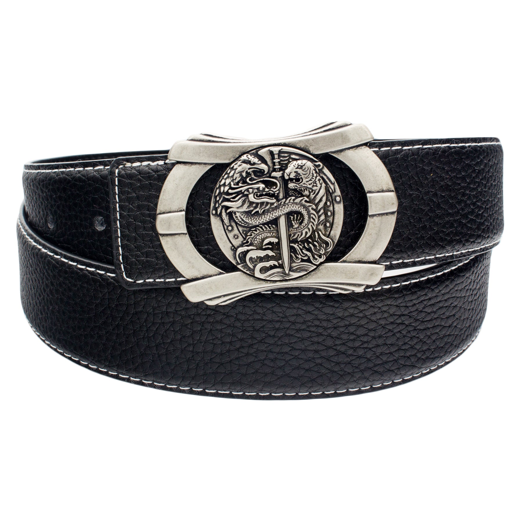 QHA Mens Designer Leather Belt Multi Dragon Themed Pin Buckle 38mm Wide Q76