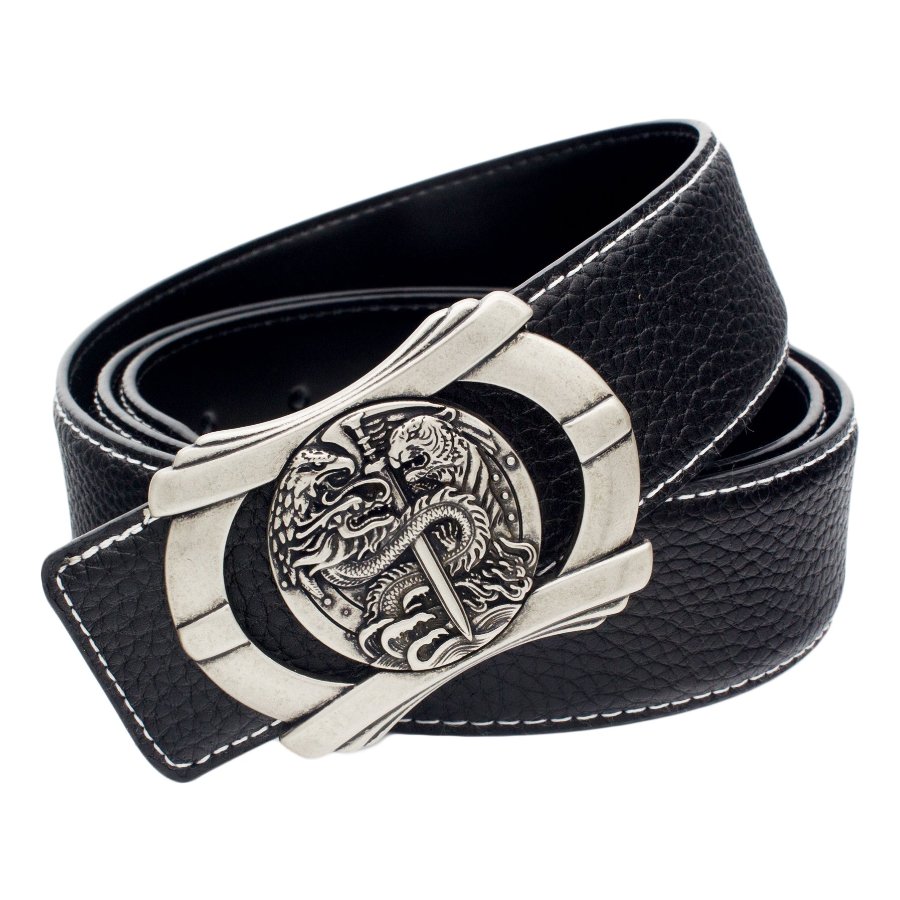 QHA Mens Designer Leather Belt Multi Dragon Themed Pin Buckle 38mm Wide Q76