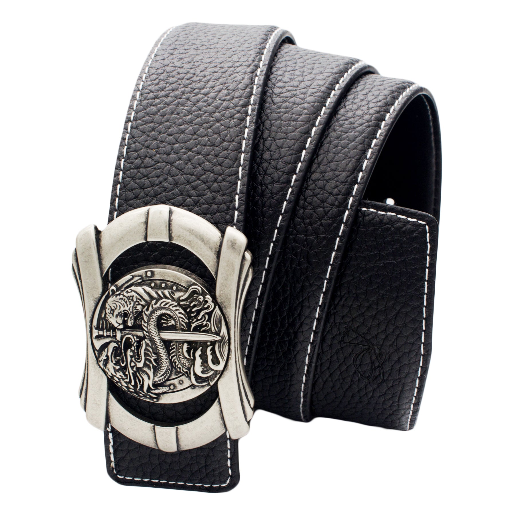 QHA Mens Designer Leather Belt Multi Dragon Themed Pin Buckle 38mm Wide Q76