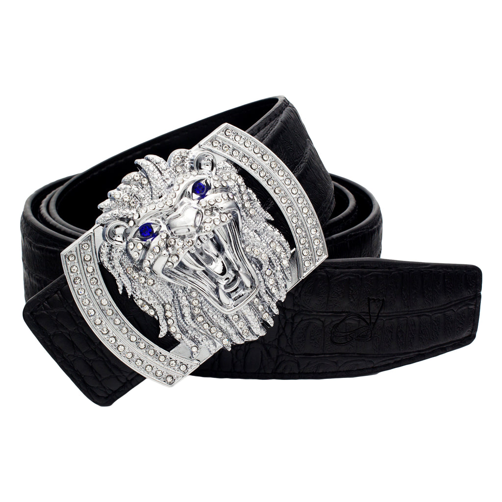 QHA Mens Designer Leather Belt Lion Diamond Buckle 38mm Wide Q74