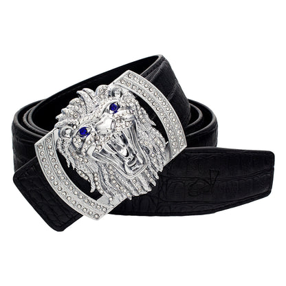 QHA Mens Designer Leather Belt Lion Diamond Buckle 38mm Wide Fashion Belt Q74