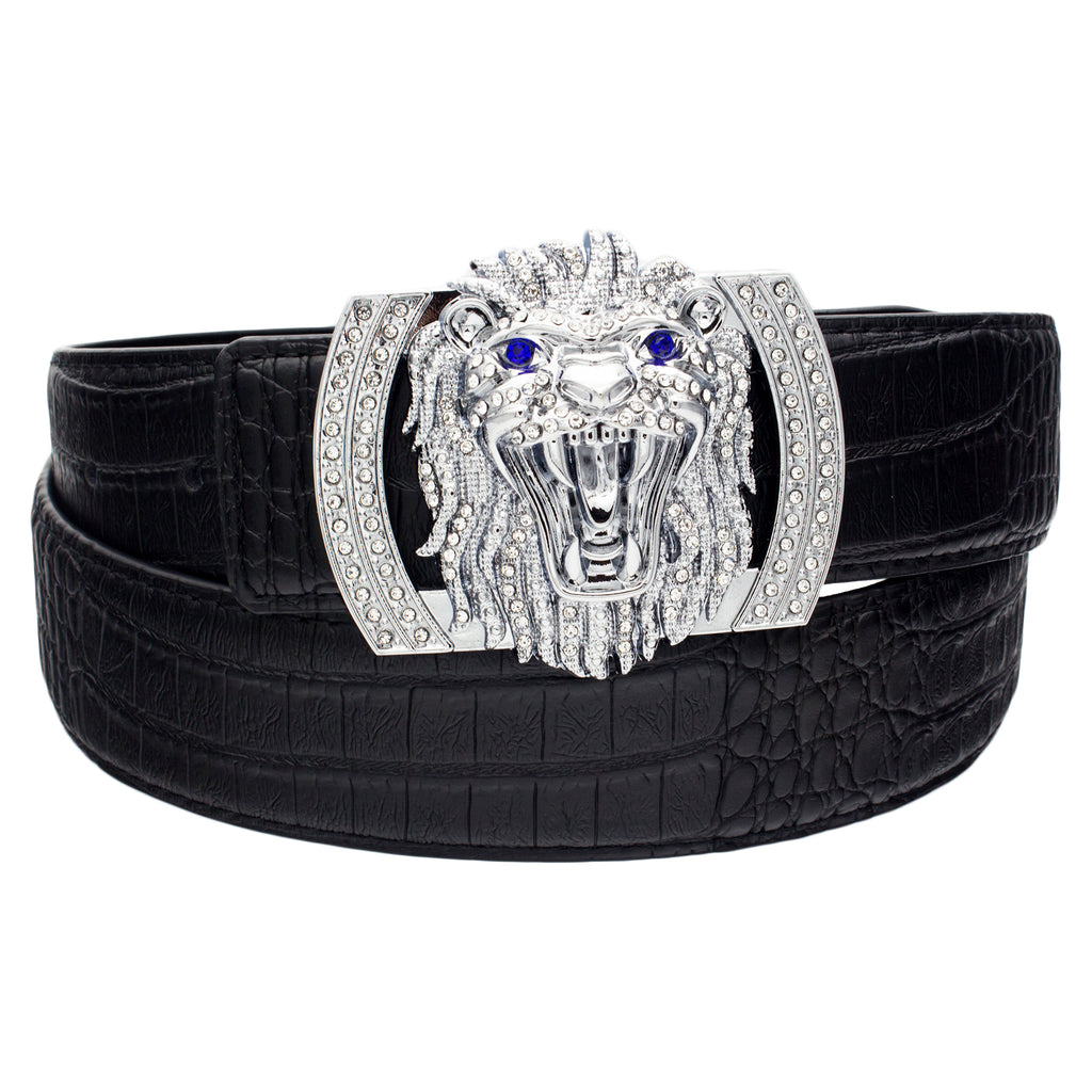 QHA Mens Designer Leather Belt Lion Diamond Buckle 38mm Wide Q74