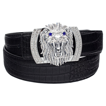 QHA Mens Designer Leather Belt Lion Diamond Buckle 38mm Wide Fashion Belt Q74