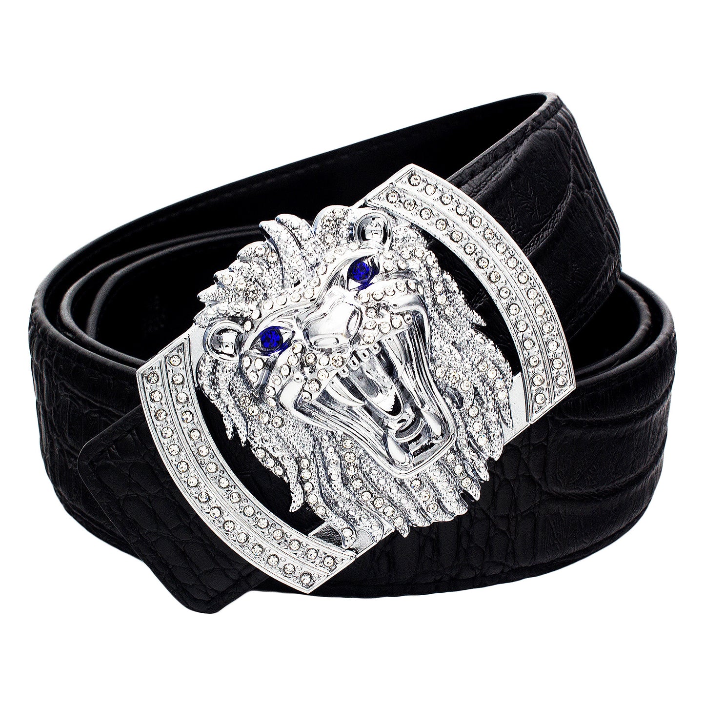 QHA Mens Designer Leather Belt Lion Diamond Buckle 38mm Wide Fashion Belt Q74