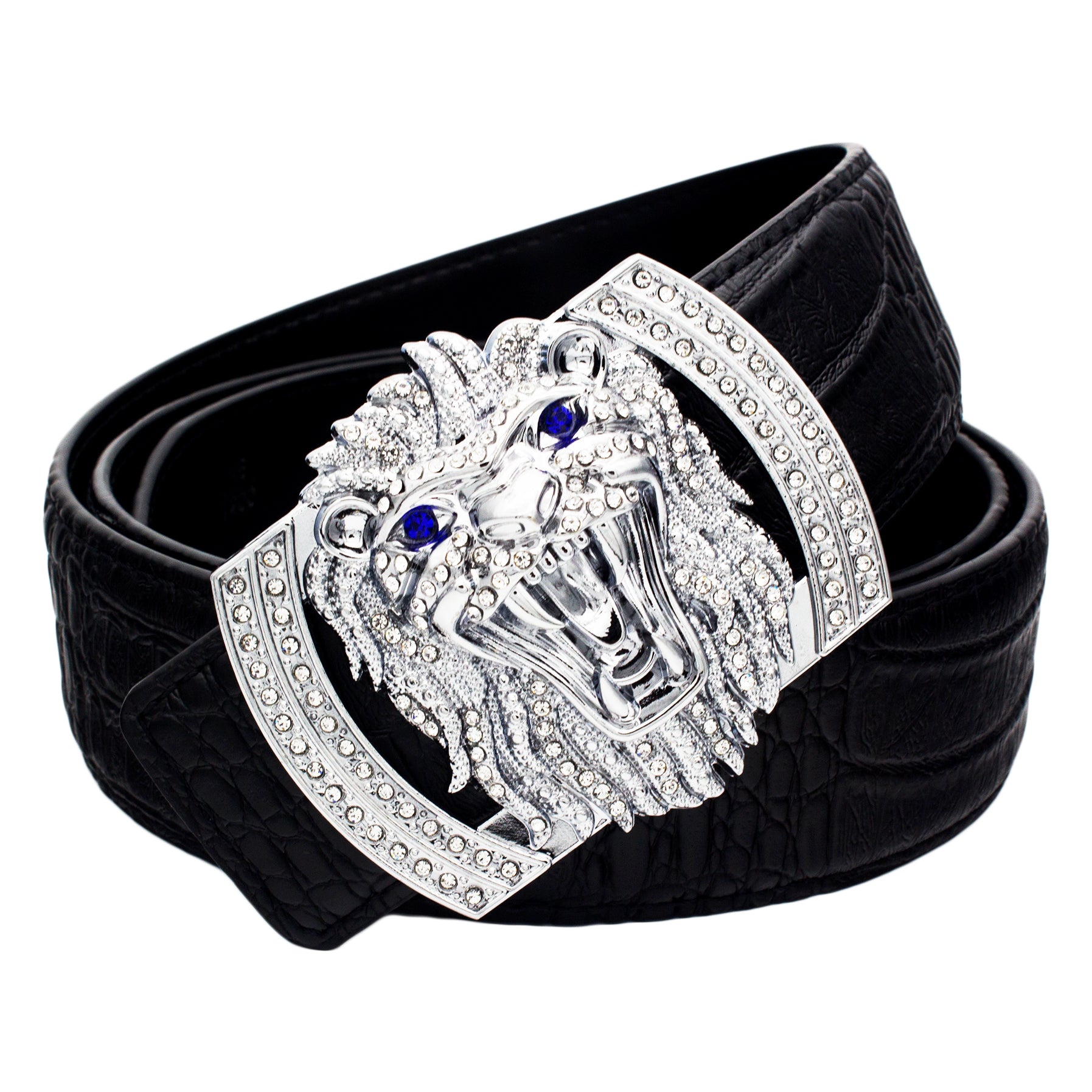 QHA Mens Designer Leather Belt Lion Diamond Buckle 38mm Wide Q74