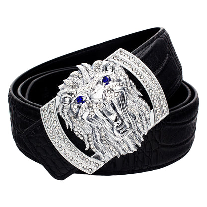 QHA Mens Designer Leather Belt Lion Diamond Buckle 38mm Wide Fashion Belt Q74