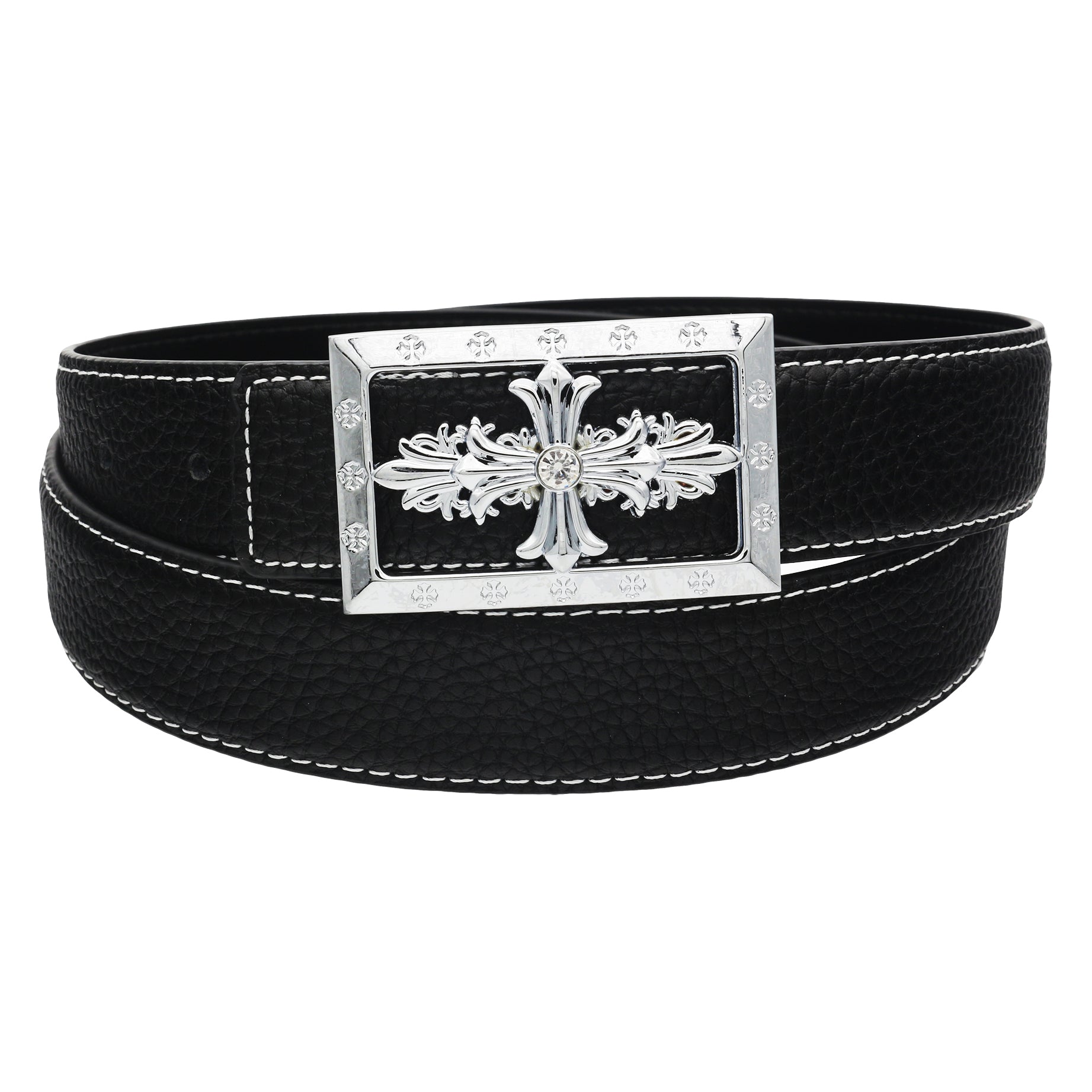 QHA Womens Designer Leather Belt Cross Themed Pin Buckle 32mm Wide Q80
