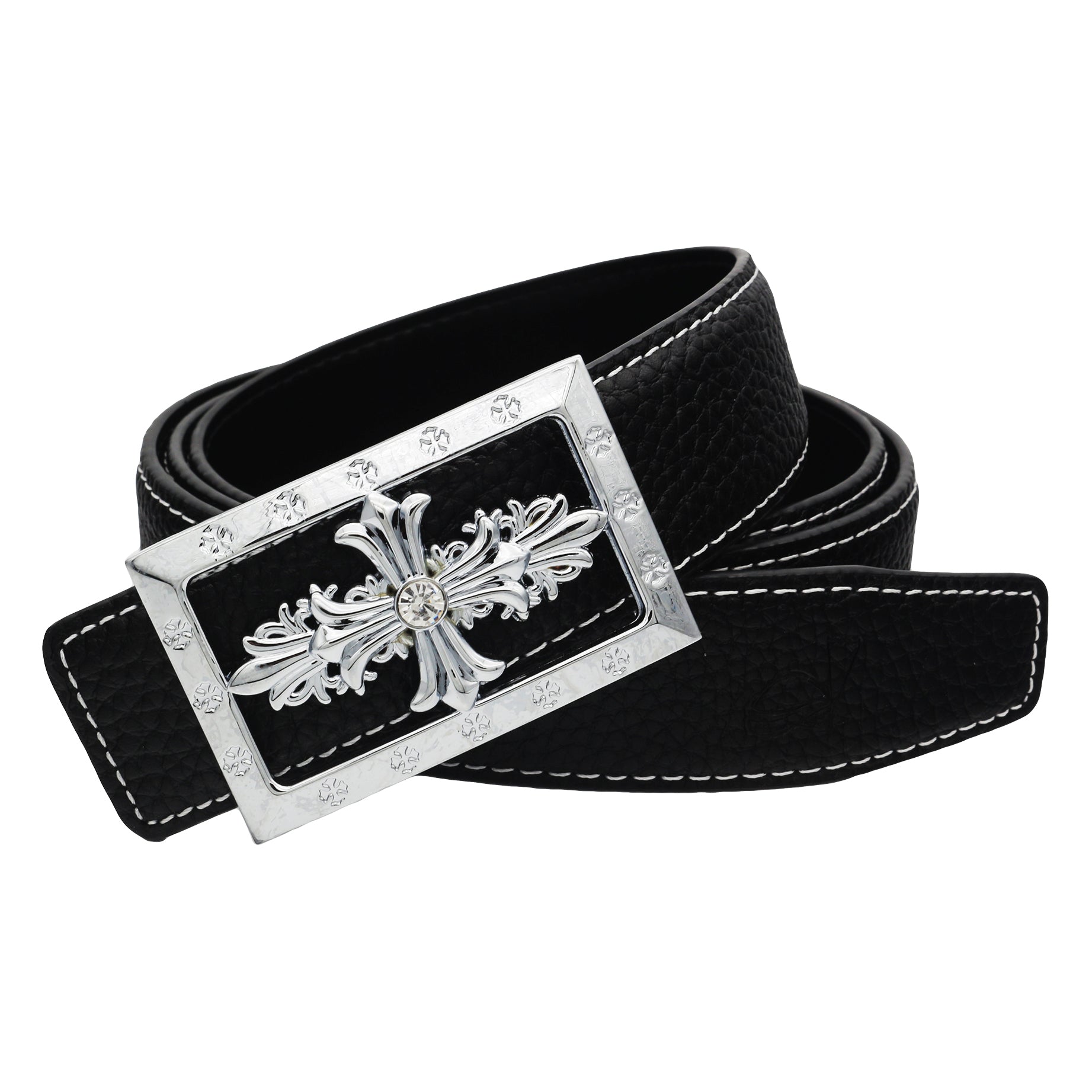 QHA Womens Designer Leather Belt Cross Themed Pin Buckle 32mm Wide Q80