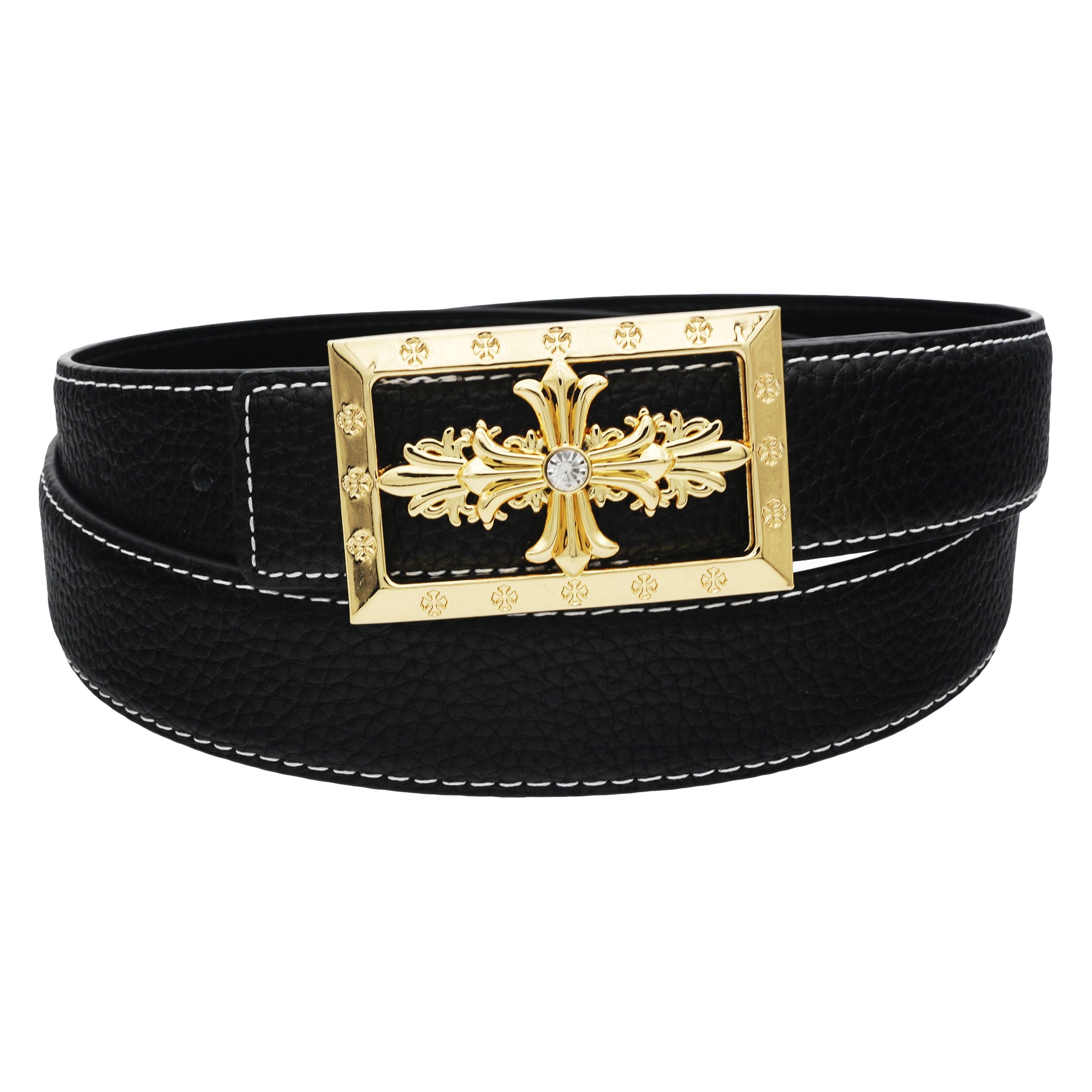 QHA Womens Designer Leather Belt Cross Themed Pin Buckle 32mm Wide Q80