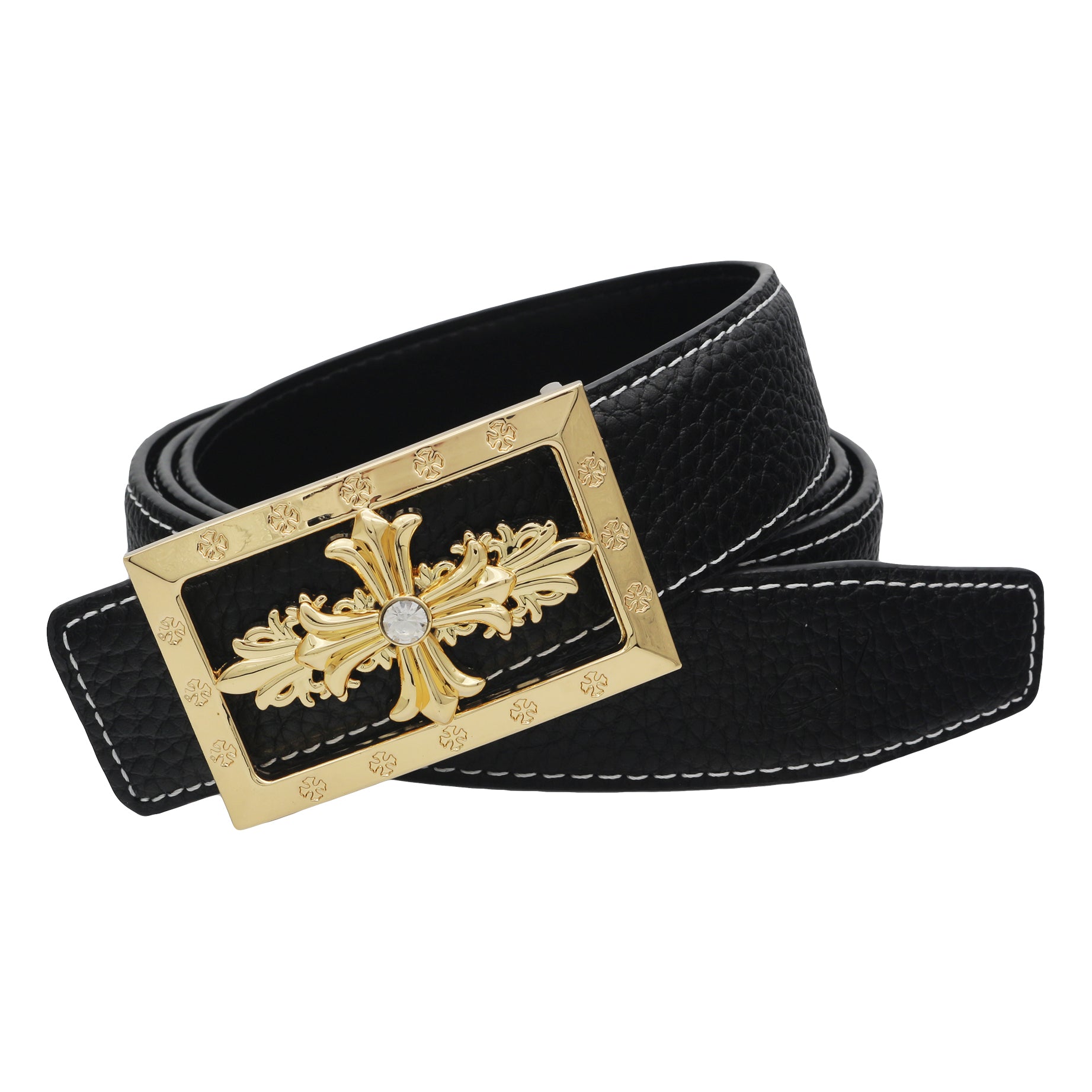 QHA Womens Designer Leather Belt Cross Themed Pin Buckle 32mm Wide Q80