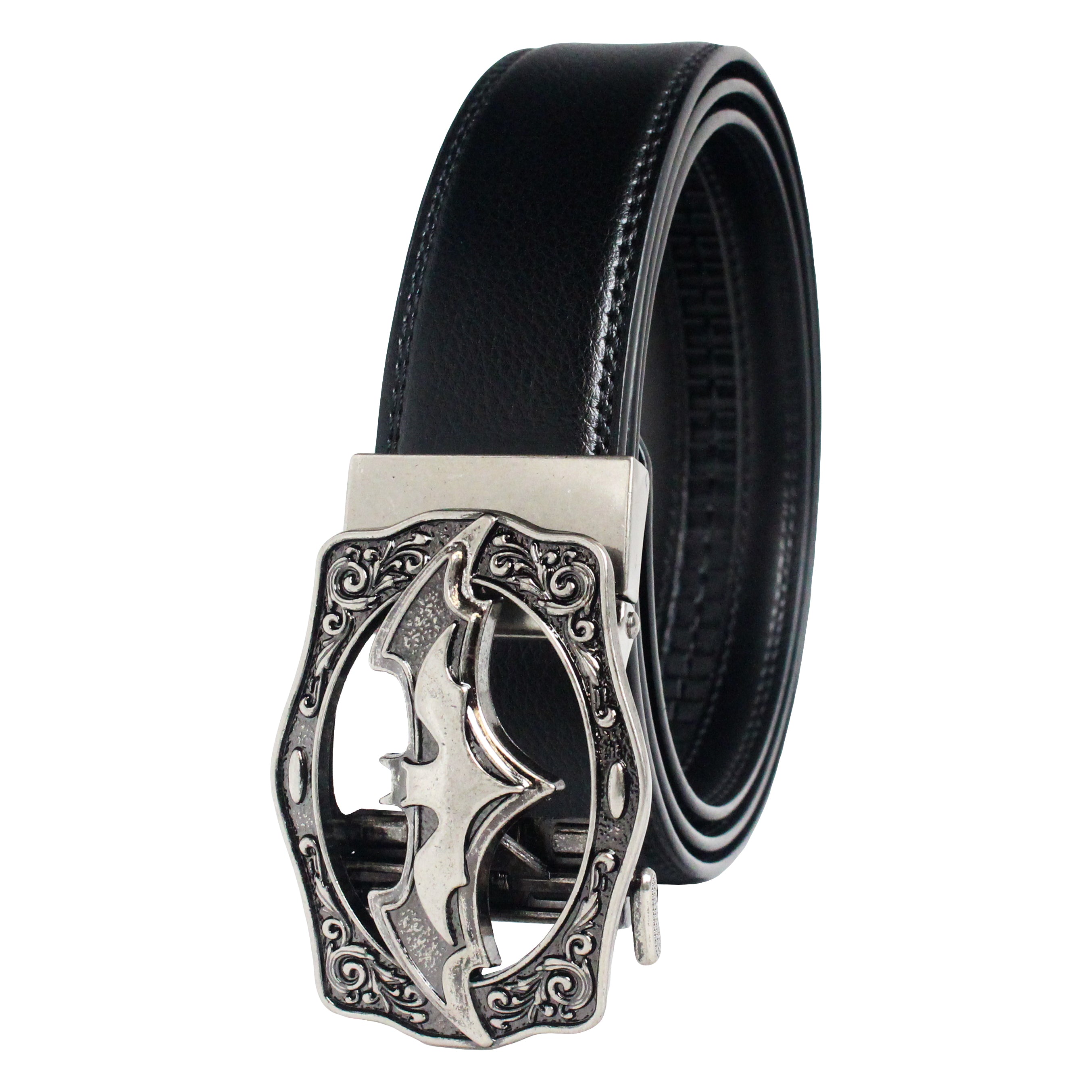 QHA Men's 35mm Leather Ratchet Belt with Ornate Bat Buckle, Auto Lock Q18