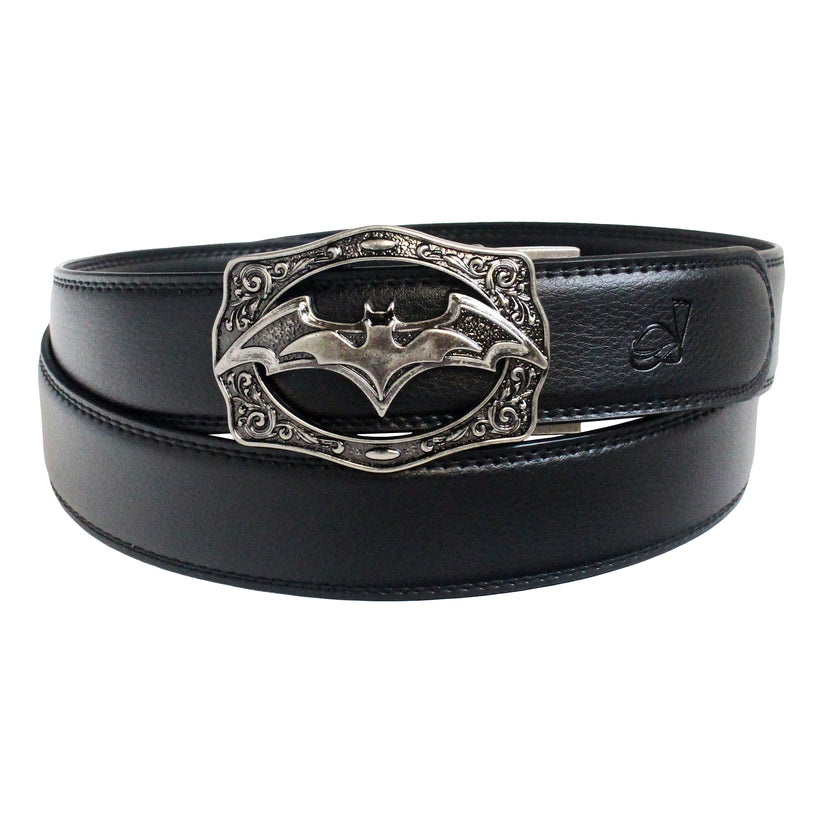 Black belt with a decorative silver bat buckle on a white background