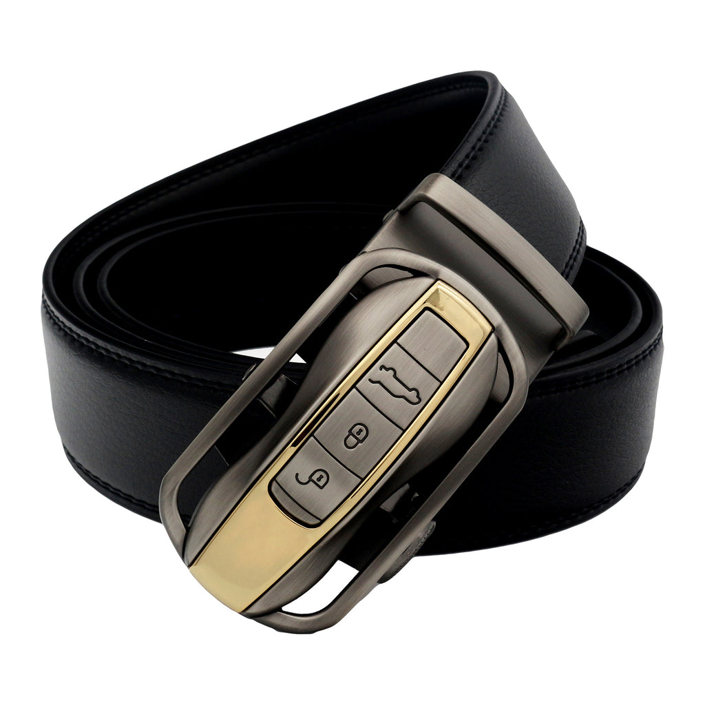 QHA Mens 35mm Ratchet Leather Belt, Luxury Car Key Fob Automatic Buckle Q87