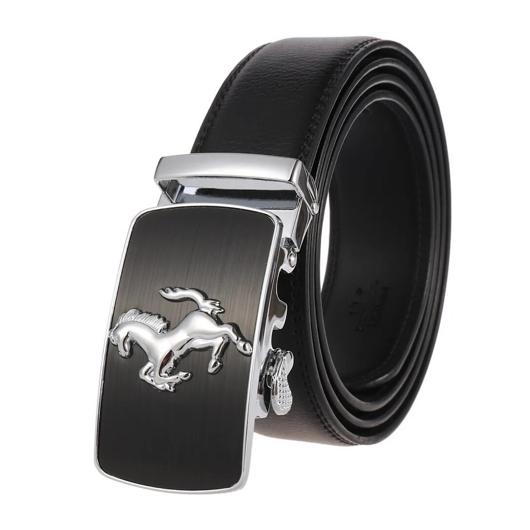 Mens Prancing Horse Ratchet Leather Belt Durable Automatic Sliding Buckle Q5083