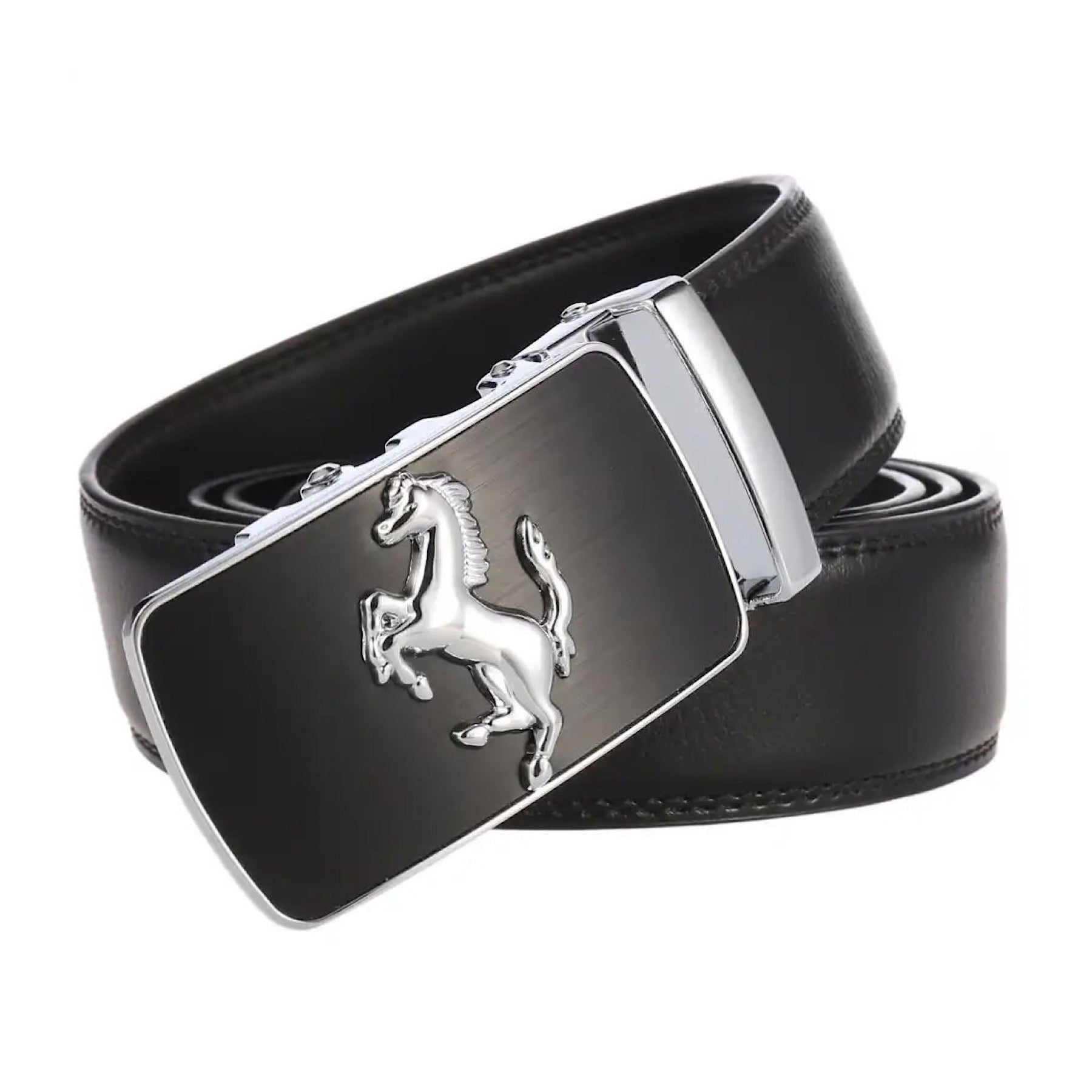 Mens Prancing Horse Ratchet Leather Belt Durable Automatic Sliding Buckle Q5083