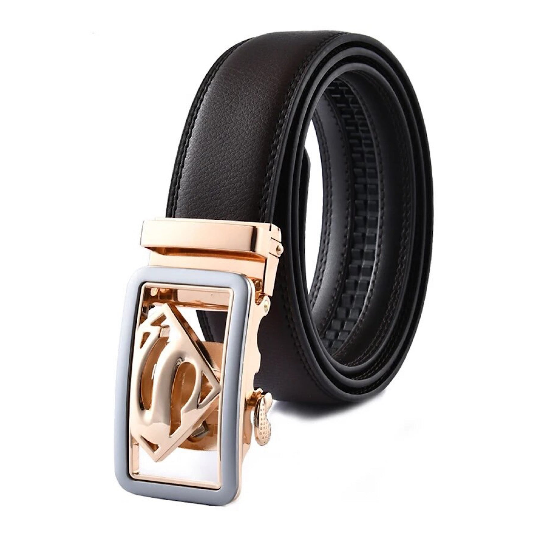 QHA Mens Superman Ratchet Leather Belt Superhero Automatic Sliding Buckle Q07