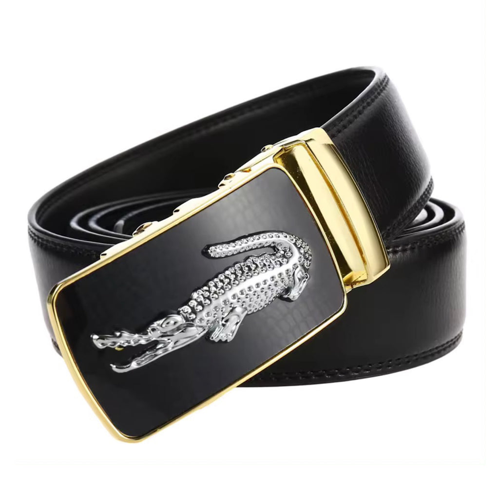 QHA Mens 35mm Ratchet Leather Belt, Alligator Automatic Sliding Buckle Q48