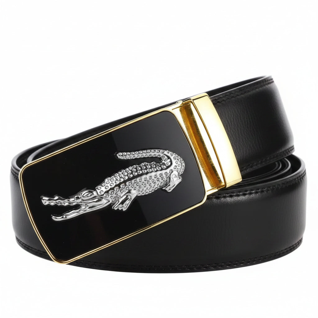 Black belt with a gold buckle featuring an alligator design on a white background