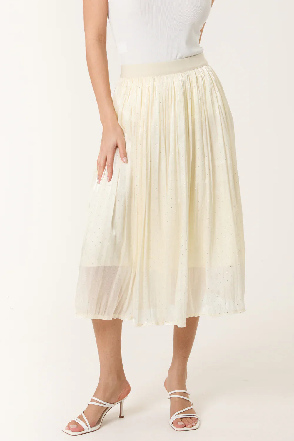 Elasticated Waist Satin Embellished Midi Skirt | Ivory & Pink | Women’s Occasion Skirts | Sizes S/M & M/L