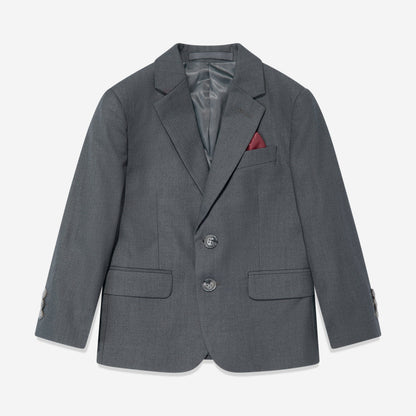 Gray blazer with a red pocket square on a white background