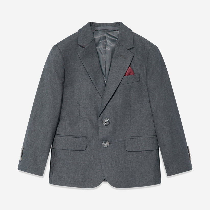 Gray blazer with a red pocket square on a white background