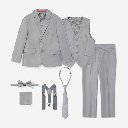 Gray boys' suit set with vest, pants, bow tie, suspenders, and tie on a white background