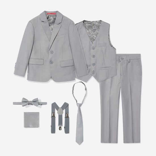 Gray boys' suit set with vest, pants, bow tie, suspenders, and tie on a white background