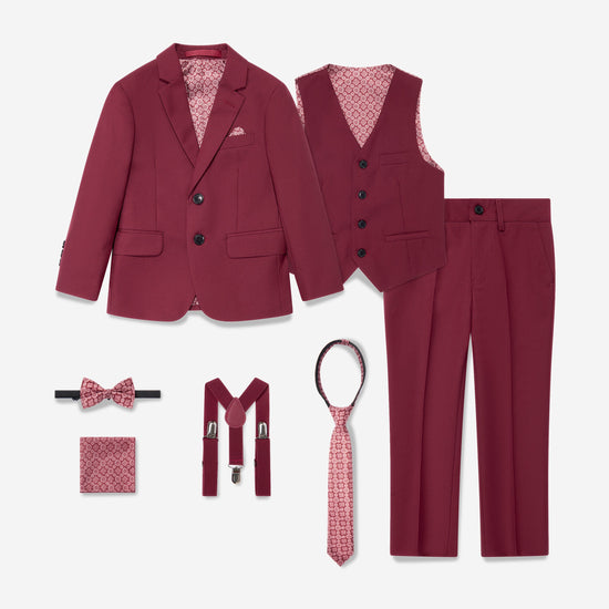 Maroon formal outfit with accessories on a white background