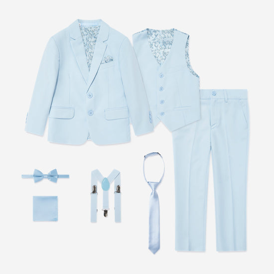 Light blue boys' suit set with jacket, vest, pants, bow tie, suspenders, and handkerchief on a white background.