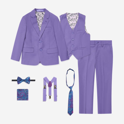 Purple suit set with matching accessories on a white background