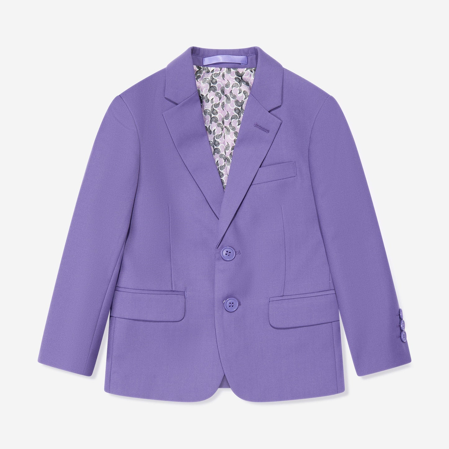 Purple blazer with floral lining on a white background