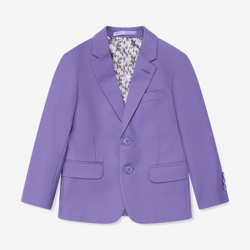 Purple blazer with floral lining on a white background