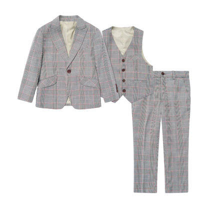 Checkered suit set with jacket, vest, and pants on a white background