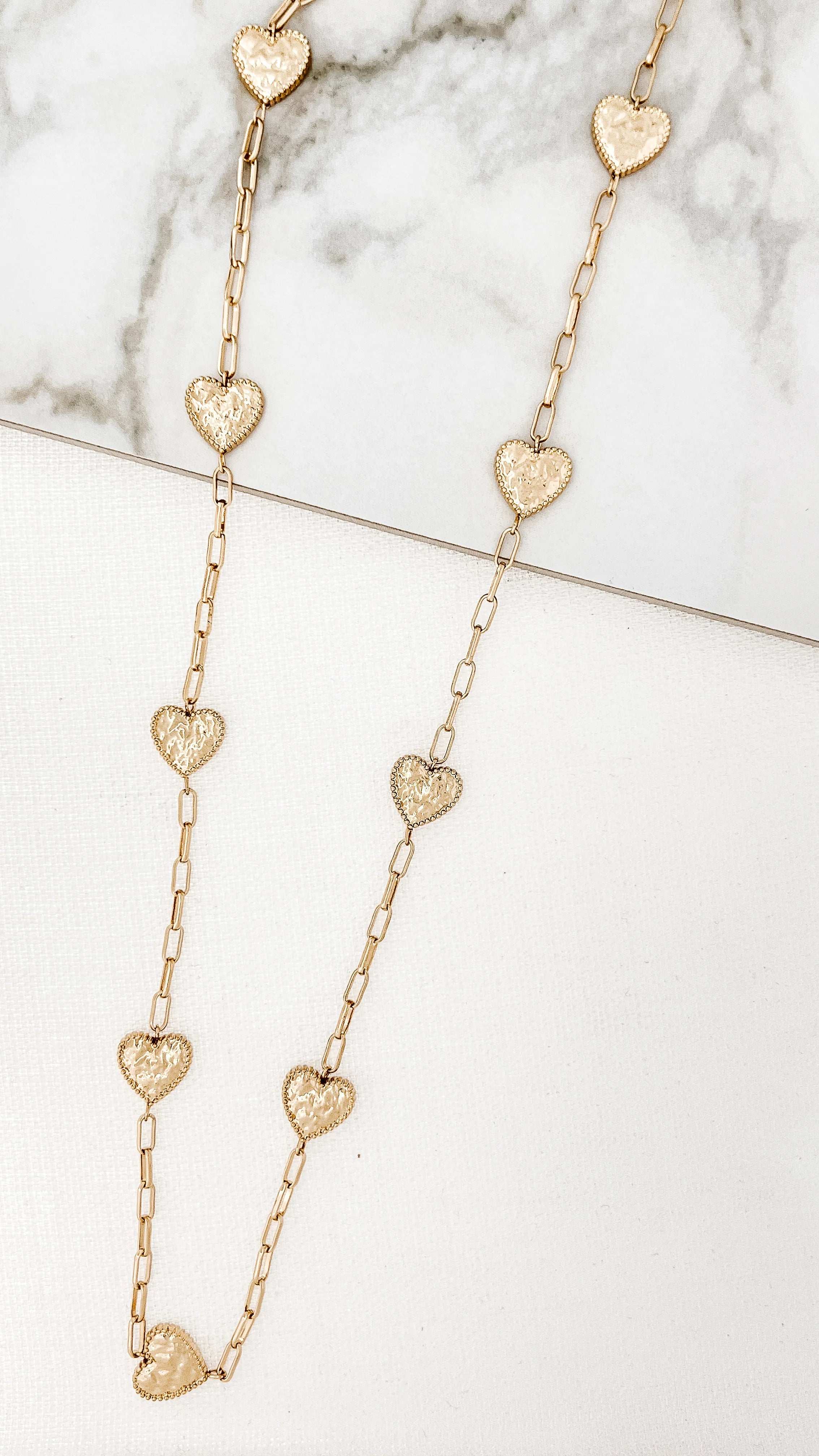 Long Gold Necklace with Heart Charms
