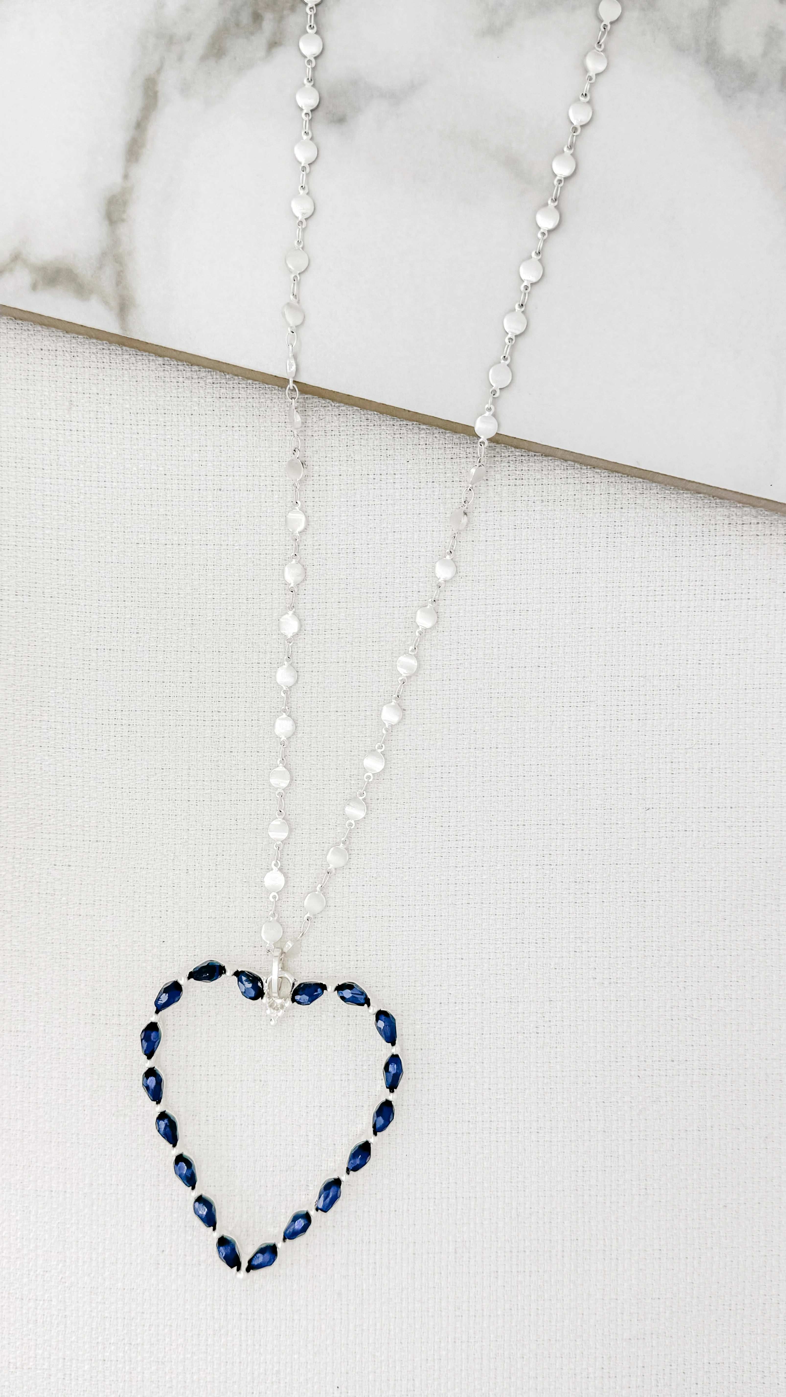 Long Silver Necklace with Blue Crystal Heart Pendant