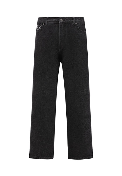 Mens Laser Etched Dragon Repeat Denim Trousers Jeans - Black